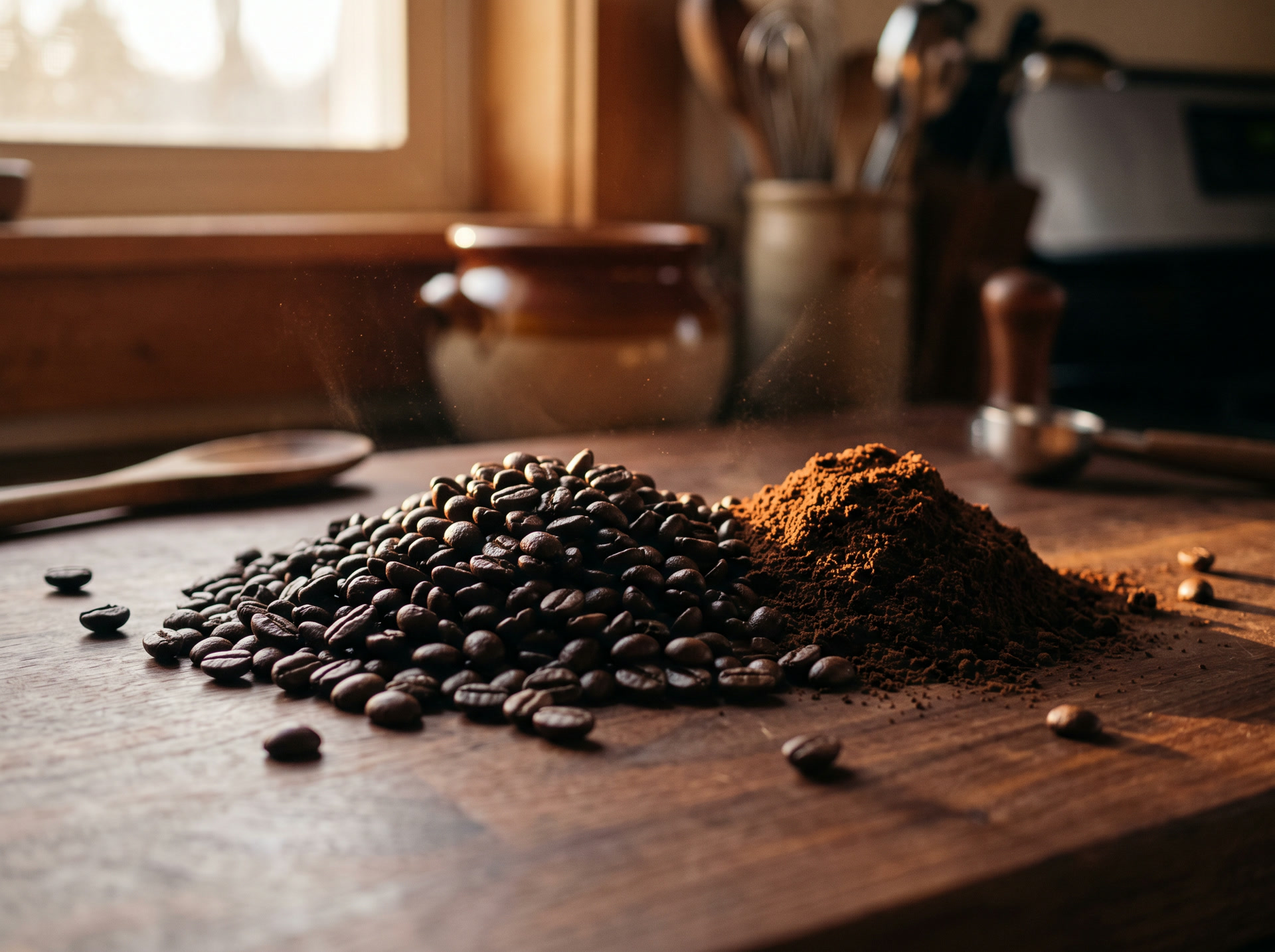 Café en grano junto a café recién molido