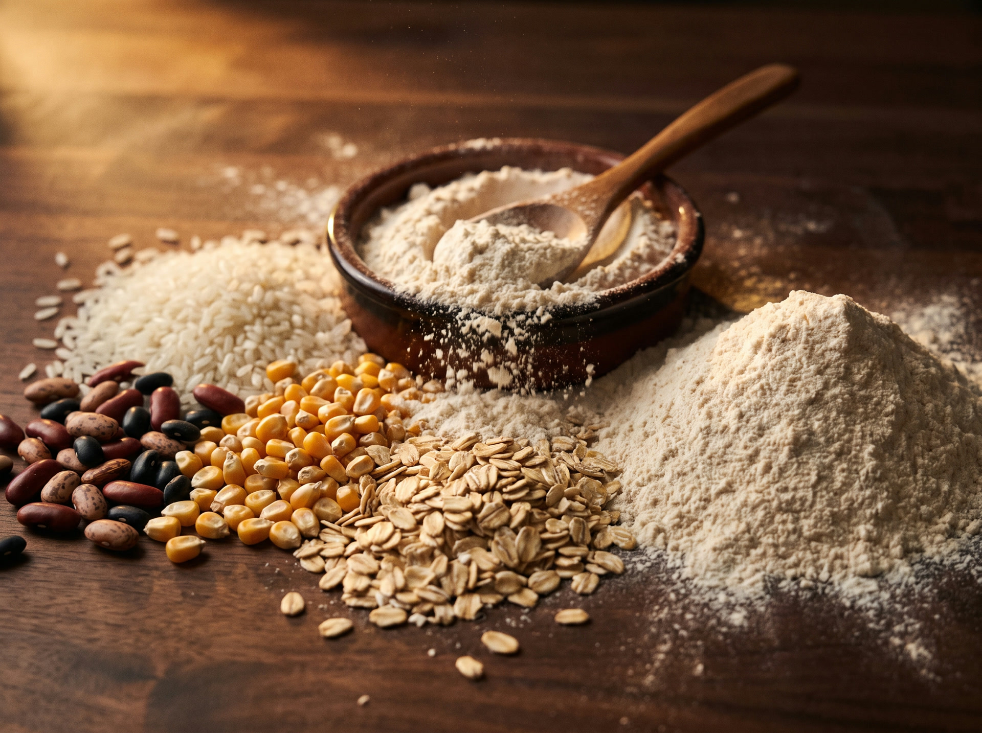 Cereales y granos secos junto a harina fina